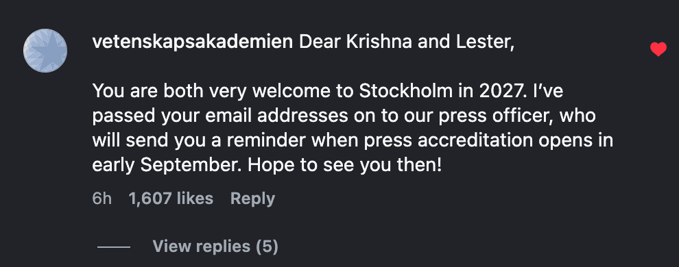The Academy welcomes Krishna and Lester to Stockholm in 2027 and says its press officer will remind them when press accreditation opens in early September.
